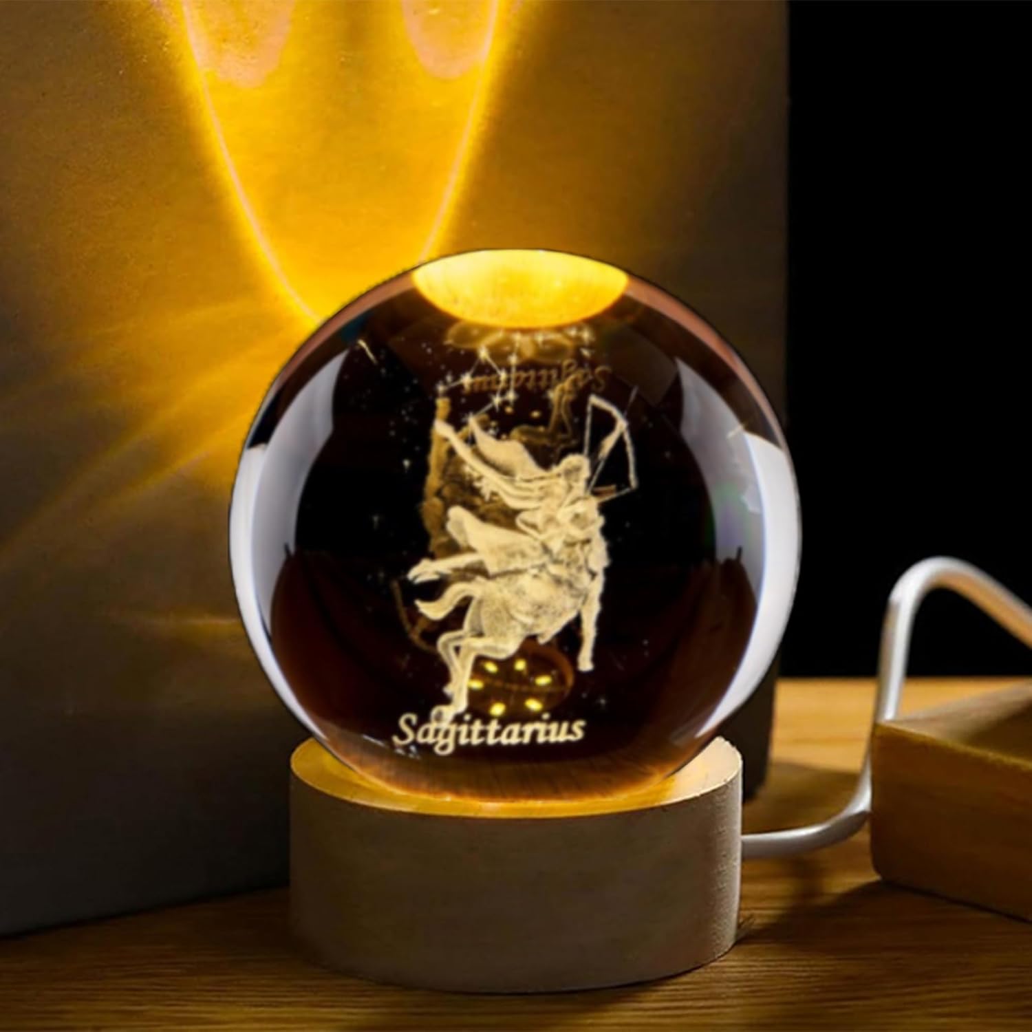 Paper Weight Crystal - 3D 射手座クリスタルボール 木製ライトベース付き 星座ガラス球 装飾ボール ペーパーウェイト