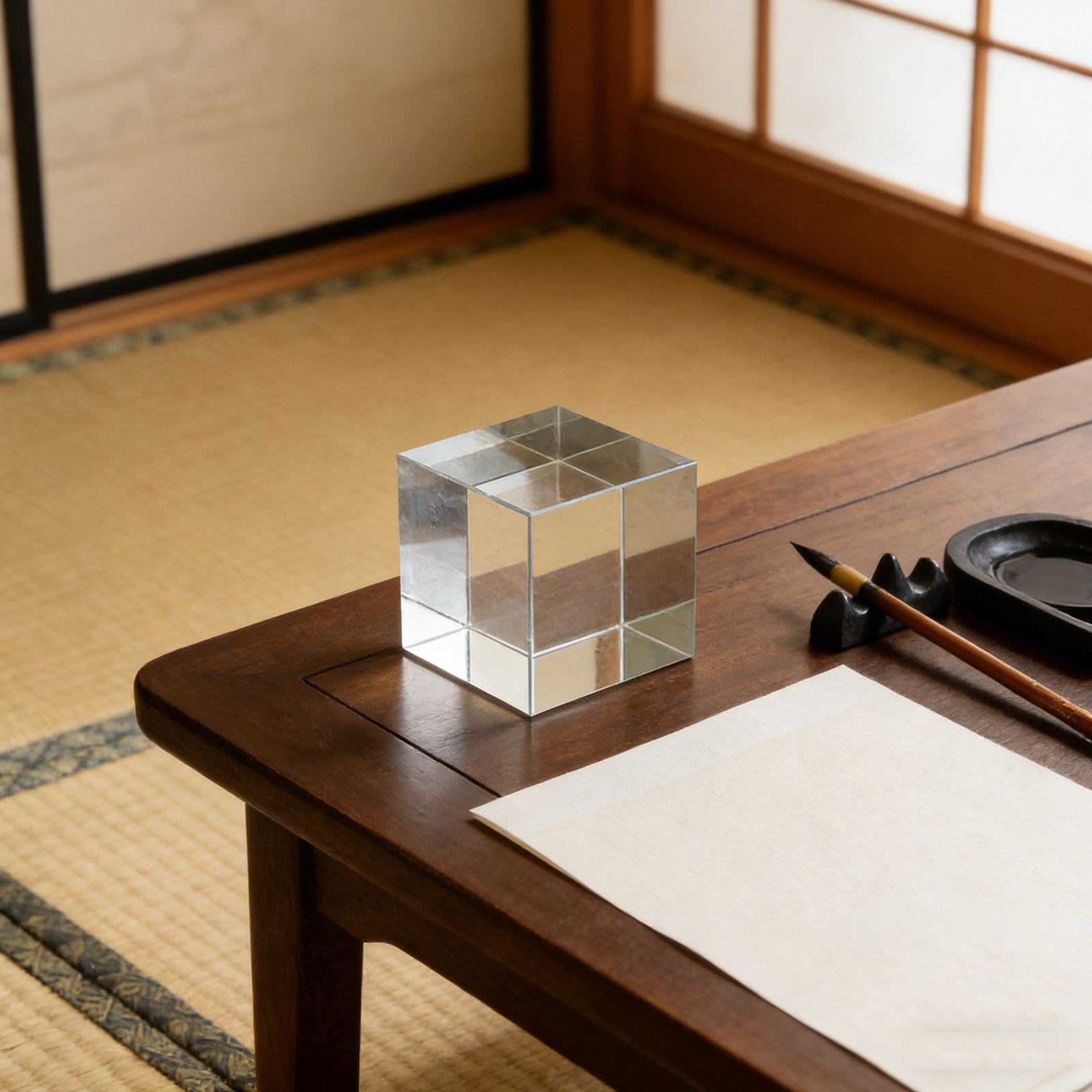 Paper Weight Crystal - 正方形のクリスタル製ペーパーウェイト。透明で重厚感があり、装飾としても使える。オフィスや机の上に置いたり、手芸や書道、アート作品の展示に活用できる。